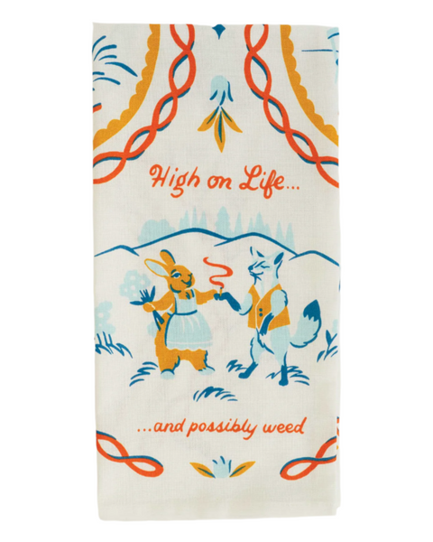 High on life and possibly weed printed dish towel by Blue Q sold by Le Monkey House