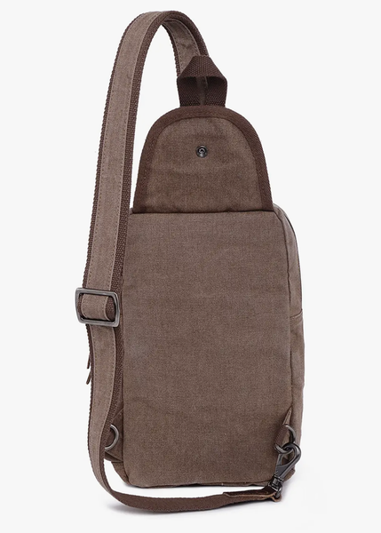 Sunset cove backpack, sling bag, canvas and leather shoulder bag, made by TSD Brand, Sold by Le Monkey House