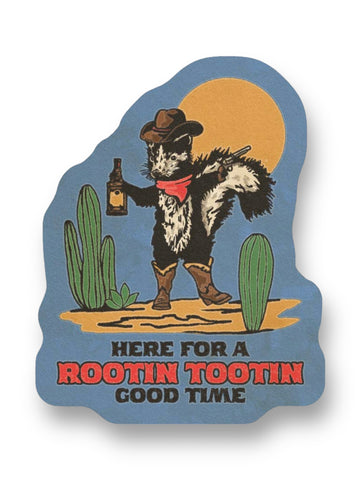 Here For A Rootin Tootin Good Time Skunk Cowboy Sticker by Clusterfunk Studio Sold by Le Monkey House