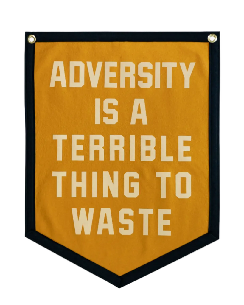 Adversity is a terrible thing to waste camp flag by Oxford Pennant Sold by Le Monkey House