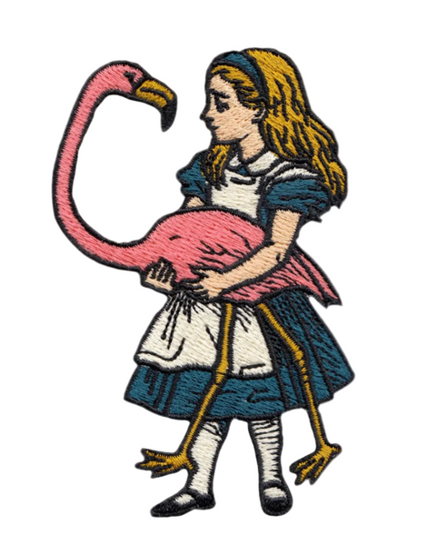 Alice in wonderland, alice and the flamingo embroidered iron-on patch by Square deal recordings sold by Le Monkey House