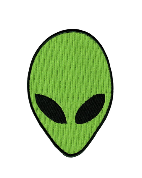 Green alien head  iron on patch by Square deal recordings sold by Le Monkey House