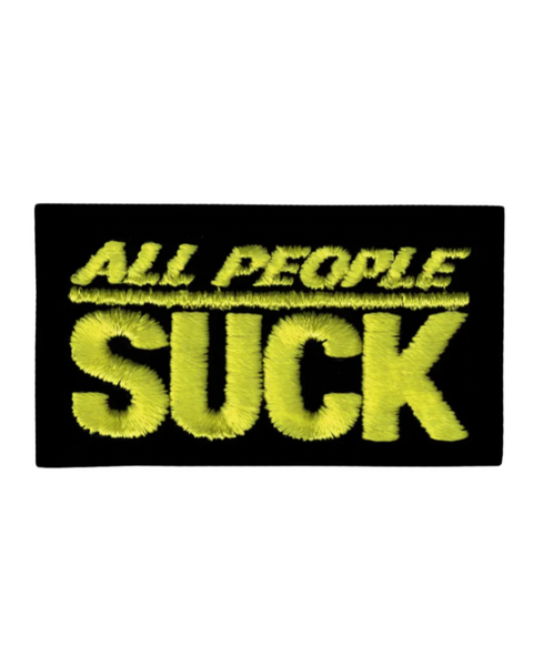 All people suck embroidered black and yellow iron on patch by Square deal recordings sold by Le Monkey House