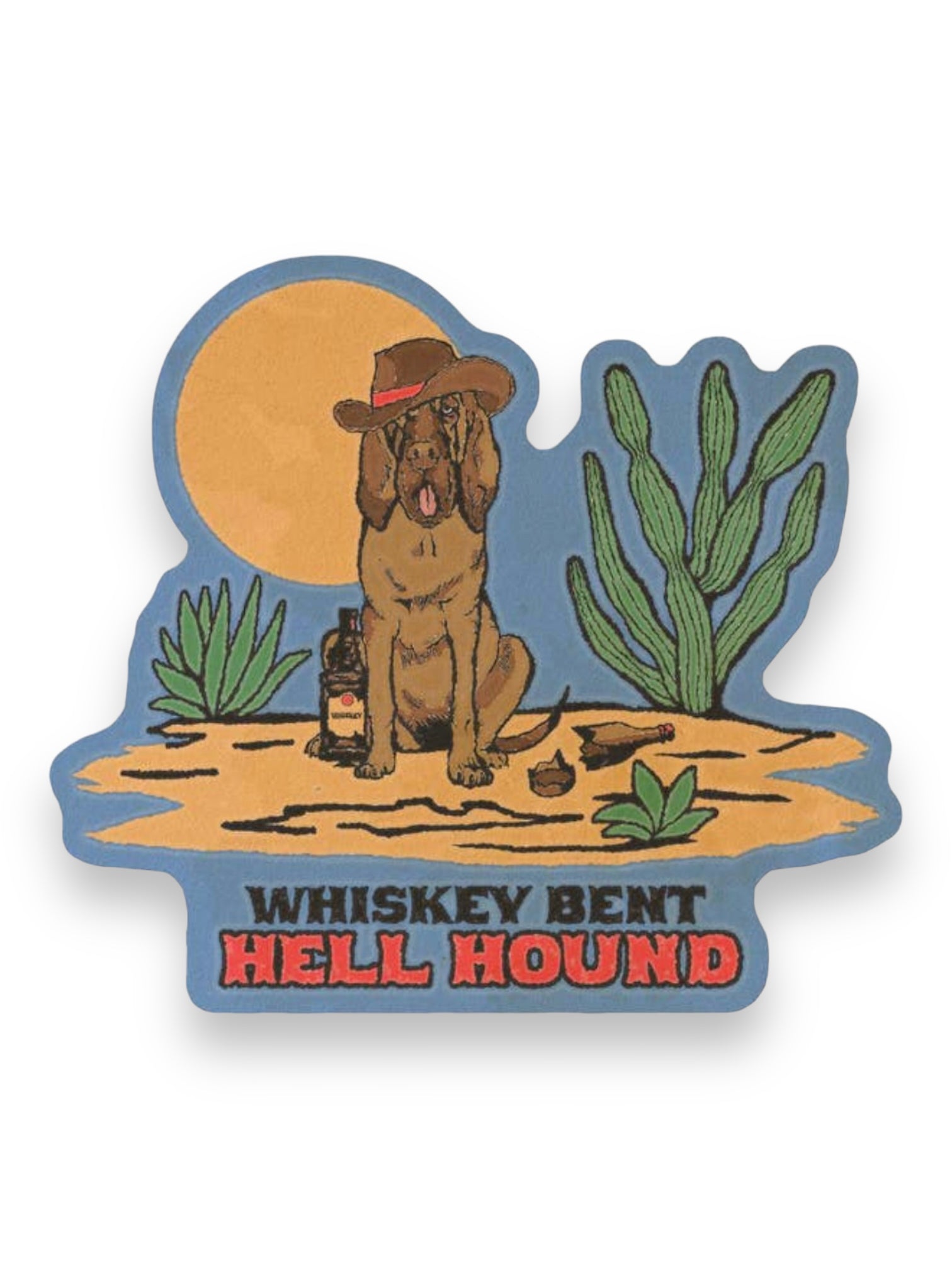 Whiskey Bent Hell Hound Bloodhound Cowboy Sticker by Clusterfunk Studio Sold by Le Monkey House