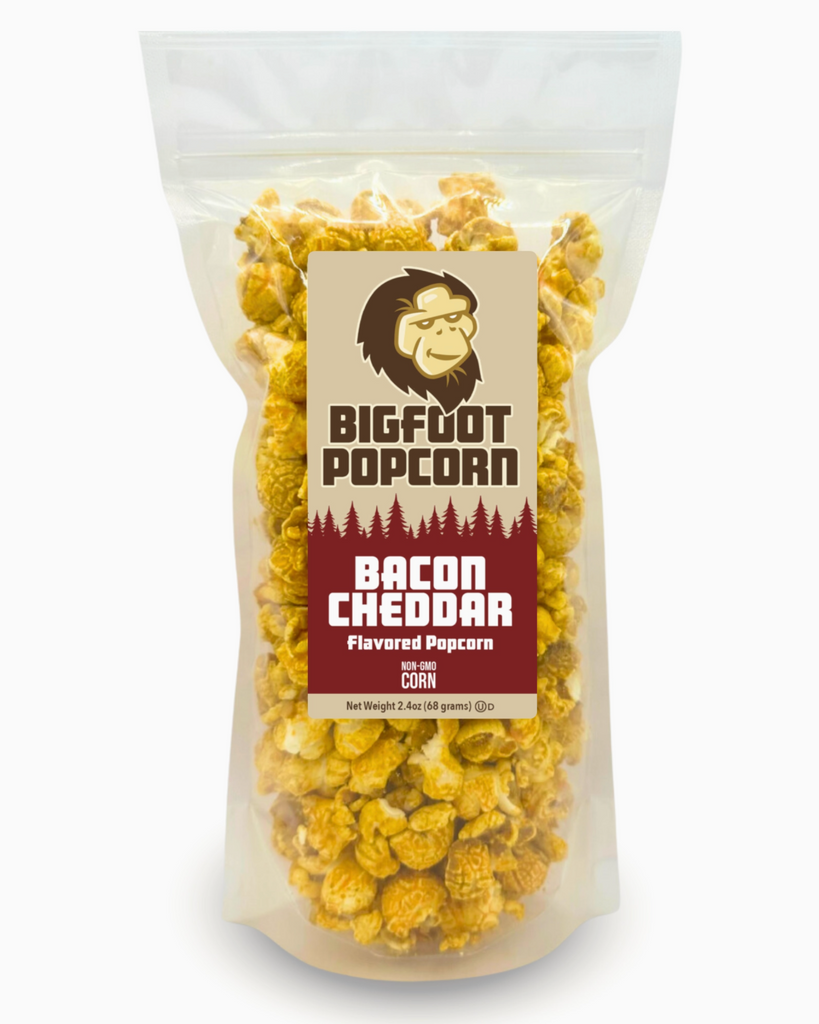 Bacon cheddar flavored popcorn by Bigfoot Popcorn sold by Le Monkey House