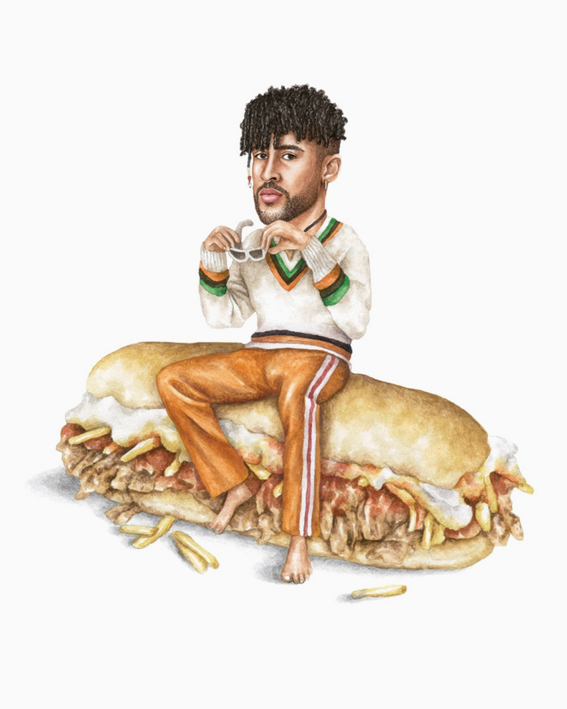Bad Bunny Celebs on Sandwiches watercolor drawing painting print sold by Le Monkey House
