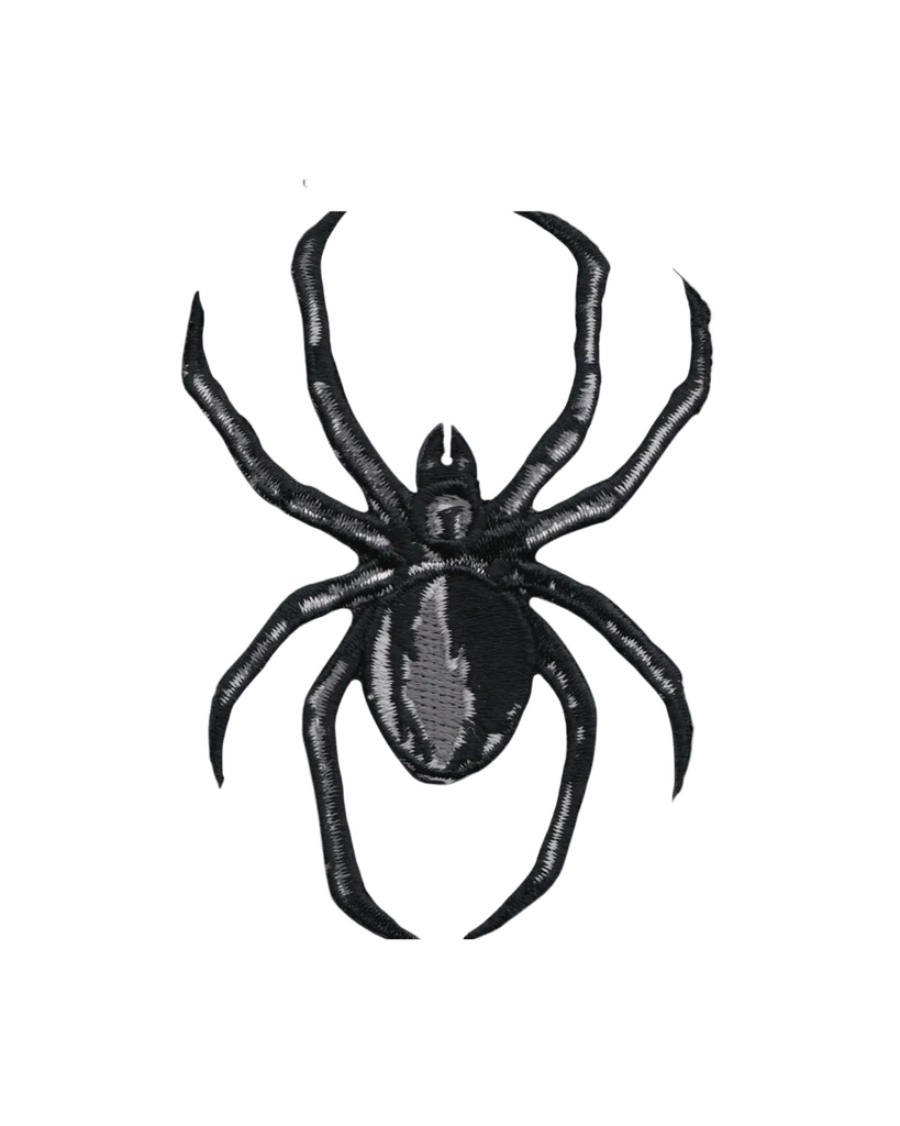Black and gray spider embroidered Iron on patch by Square Deal Recordings, sold by Le Monkey House