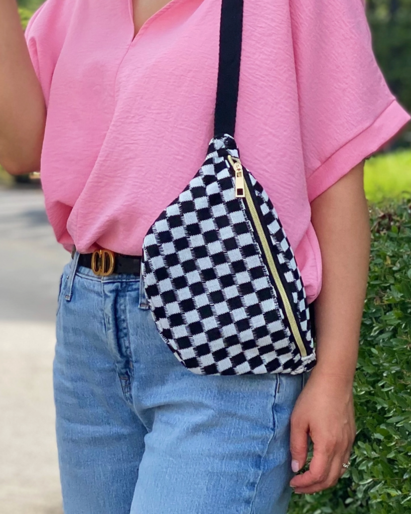 black and white check yourself checkered bum bag, sling, fanny pack by Ellison & Young sold by Le Monkey House