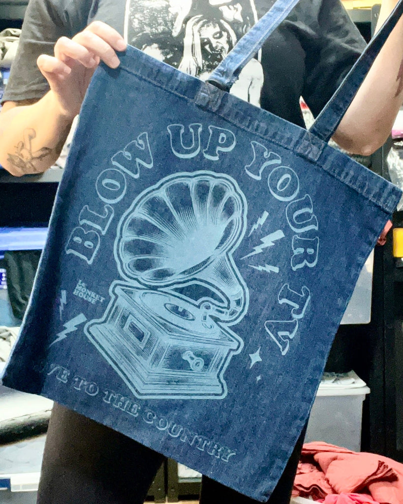 Blow up your TV denim tote bag printed designed and sold by Le Monkey House