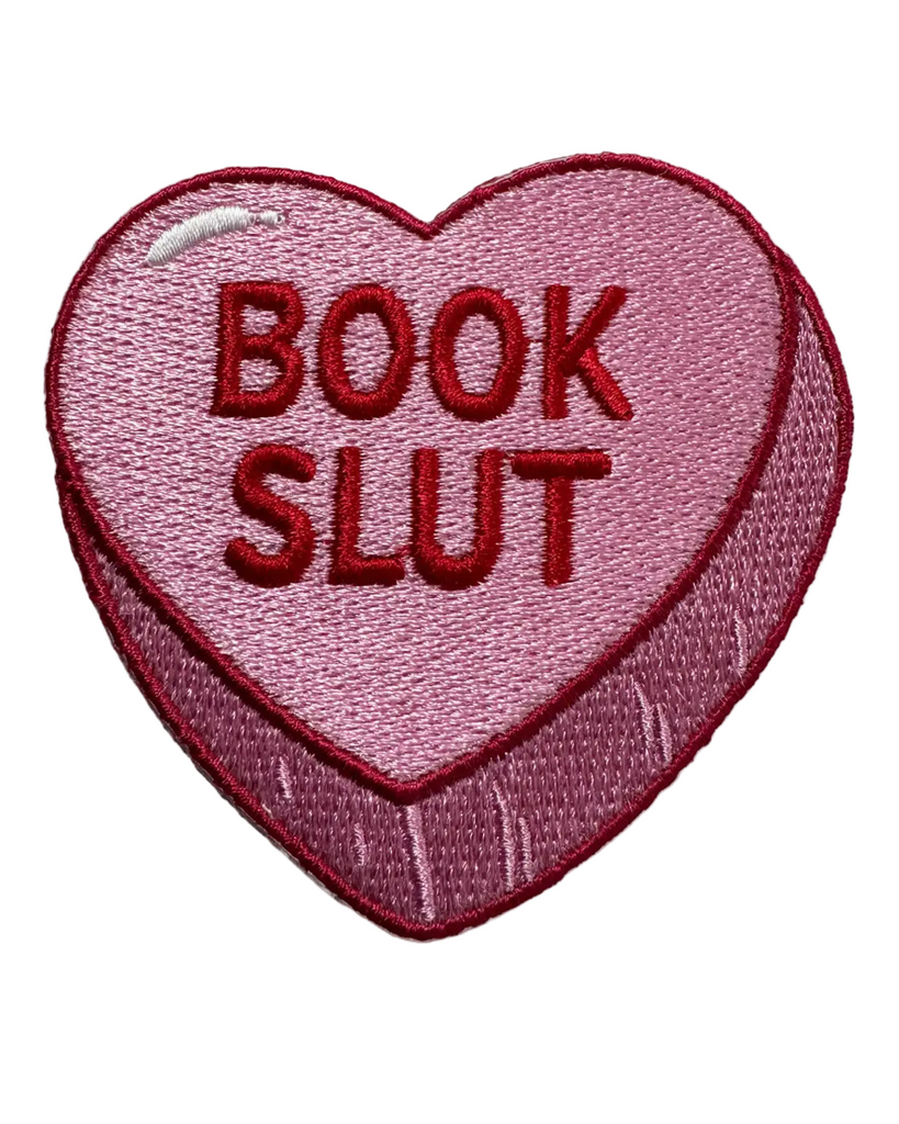 Book Slut, candy heart, embroidered iron-on patch by Shady Front, sold by Le Monkey House