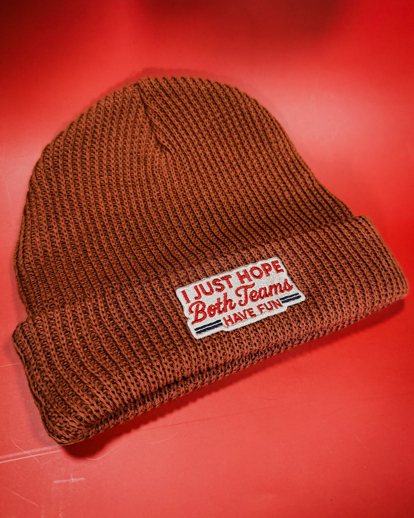 I just hope both teams have fun rust colored knitted slacker beanie by Le Monkey House