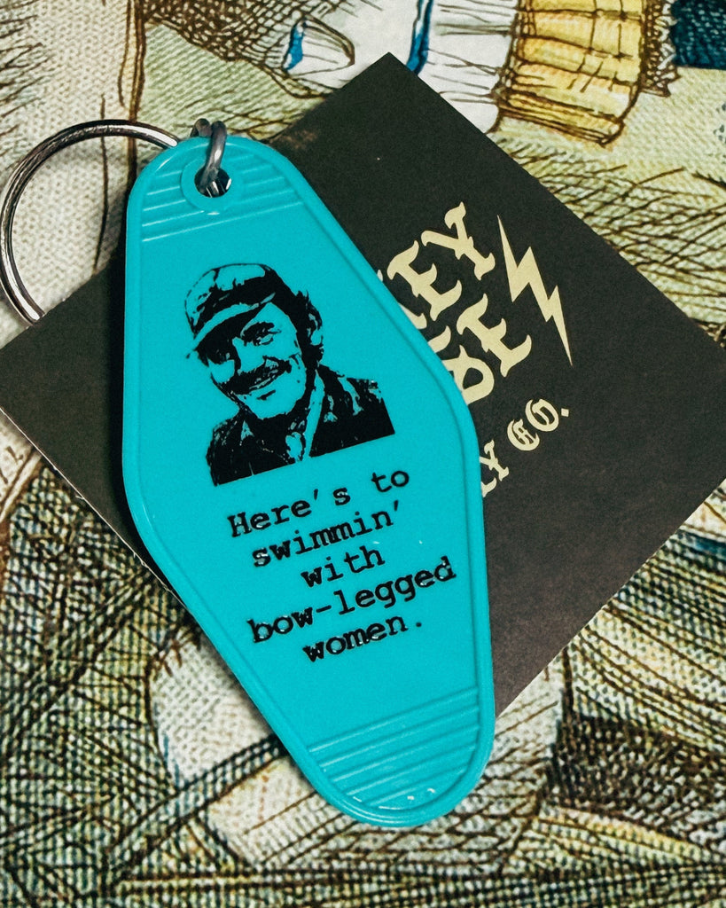 Here's to swimmin with bow-legged Women, Jaws, retro style motel keychain, keyfob, by Three Sisters Design Co, sold by Le Monkey House