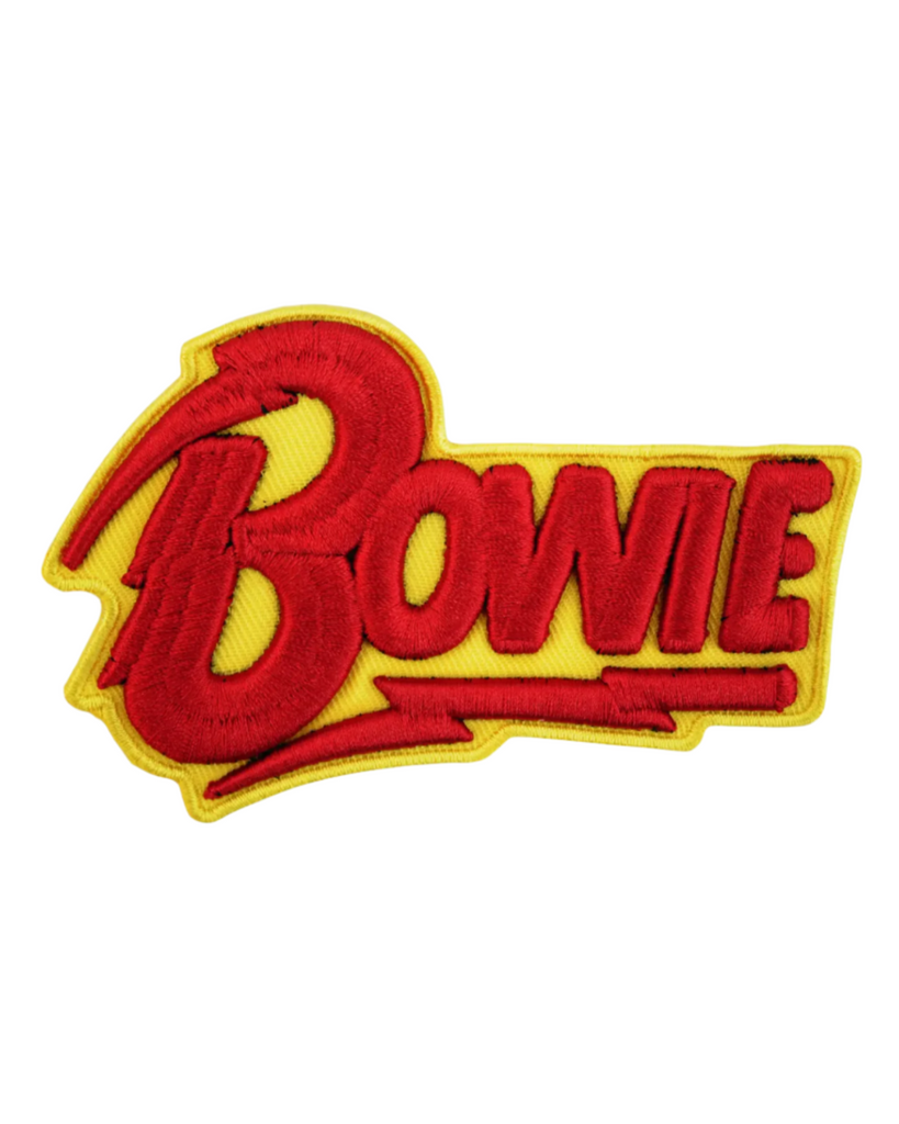 Red and yellow Bowie Logo embroidered iron on patch by Square deal recordings sold by Le Monkey House