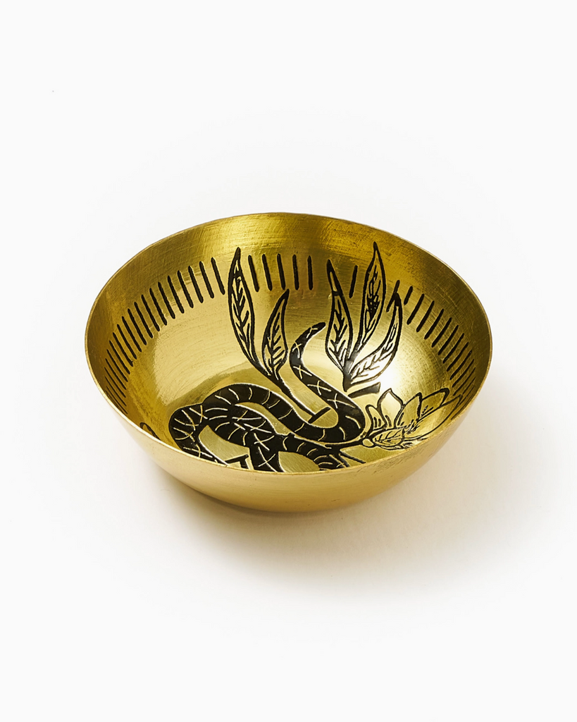 Round etched brass snake dish by Matr Boomie Fair Trade sold by Le Monkey House
