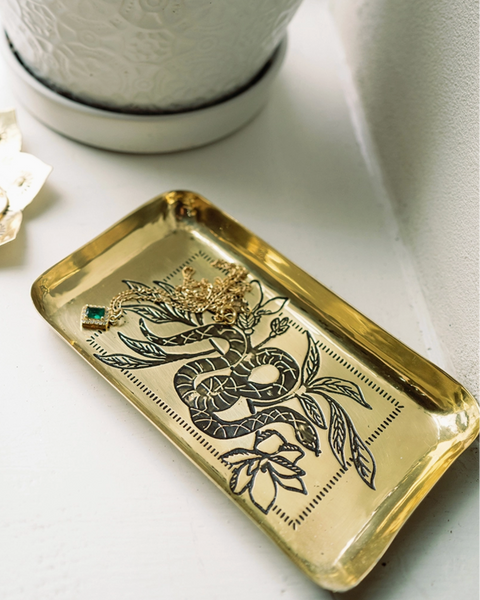 Etched brass snake jewelry tray catch all by Matr Boomie Fair Trade sold by Le Monkey House