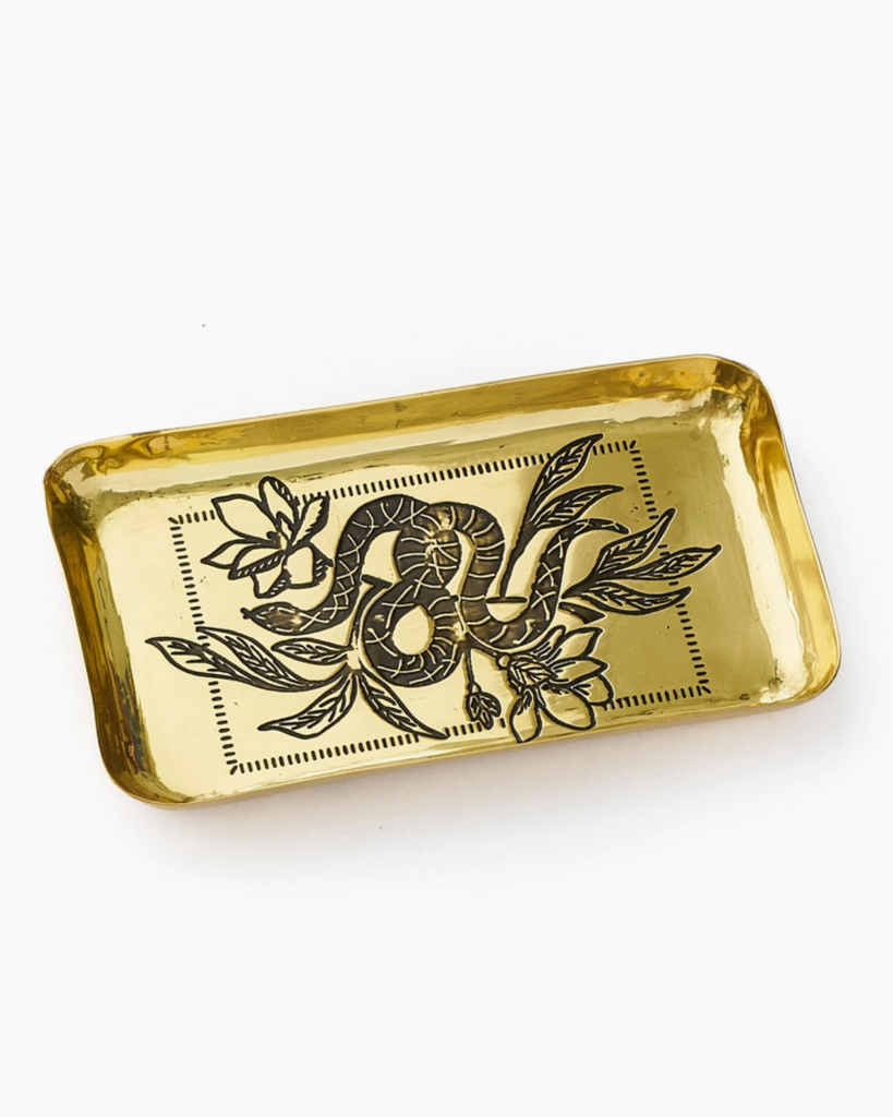 Etched brass snake jewelry tray catch all by Matr Boomie Fair Trade sold by Le Monkey House