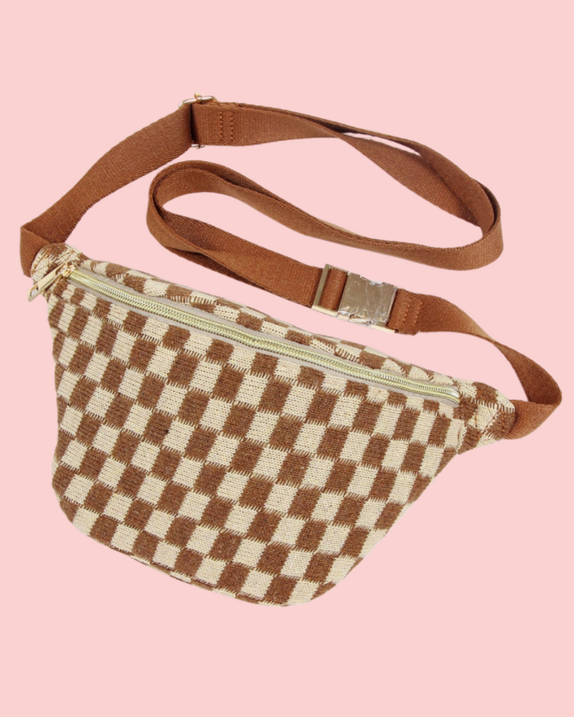 Brown and Tan check yourself checkered bum bag, sling, fanny pack by Ellison & Young sold by Le Monkey House