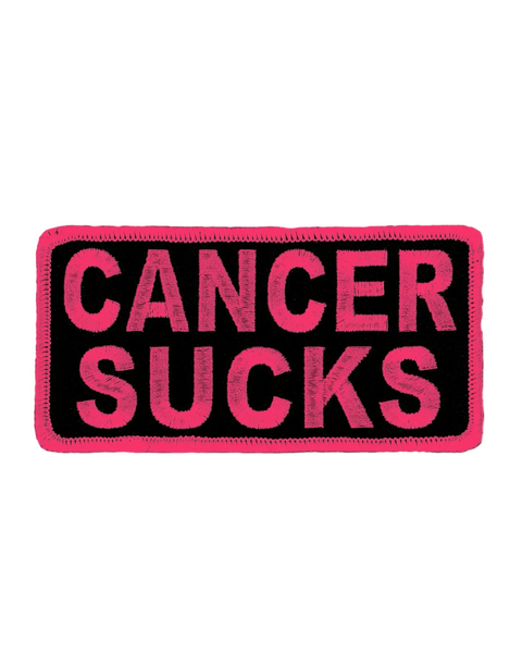 Cancer sucks black and pink embroidered iron on patch by Hot Leathers sold by Le Monkey House