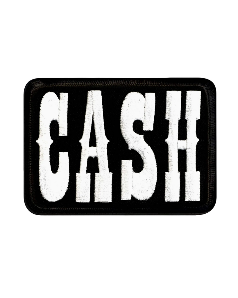 Cash black and white iron on embroidered patch by Webig Moto sold by Le Monkey House