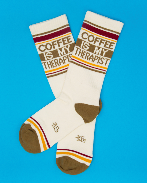Coffee is my therapist retro vintage style gym socks by Gumball Poodle made in the USA sold by Le Monkey House