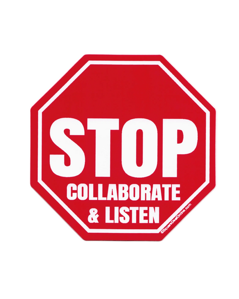 STOP collaborate and listen punny 90's retro sticker by Square Deal Recordings sold by Le Monkey House