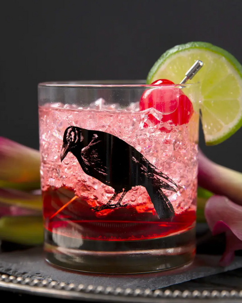 Black ink crow screen printed whiskey Rocks Glass by Counter Couture sold by Le monkey House