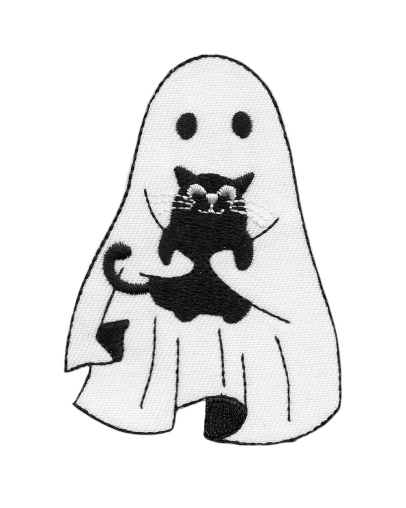 Cutie Ghostie holding a cat embroidered iron on patch by square deal recordings sold by Le Monkey House