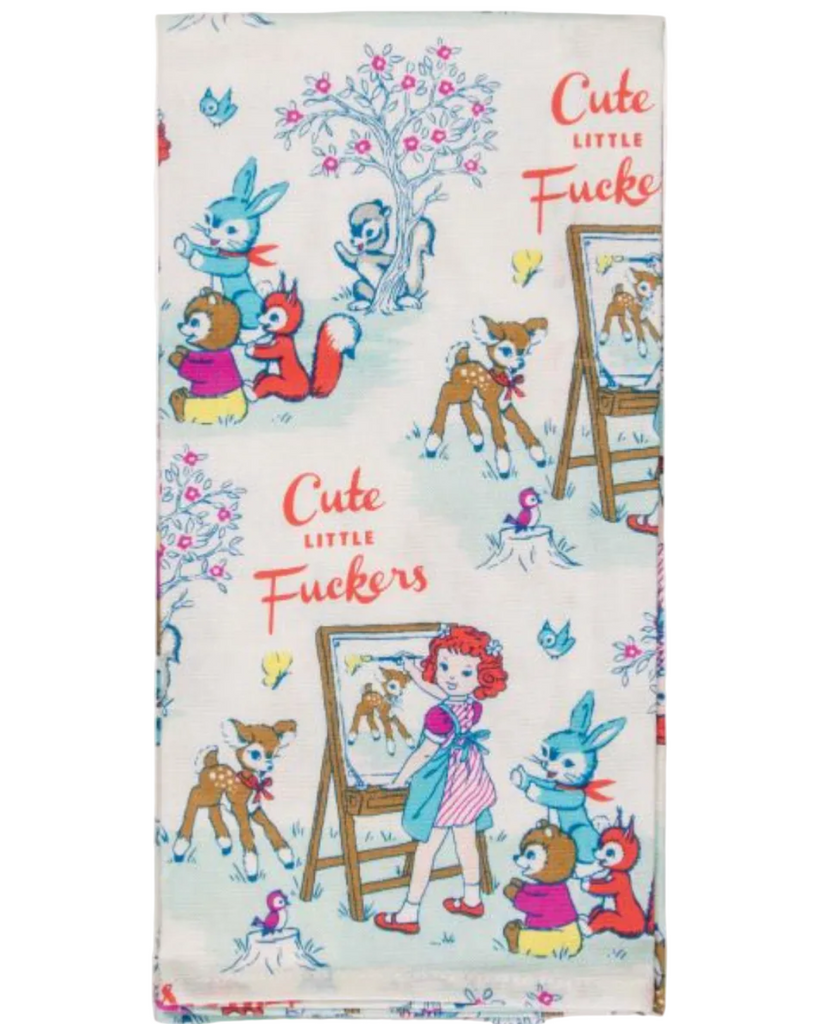 Cute little fuckers, vintage illustration, cartoon kitchen Towel, Blue Q, sold by Le Monkey House