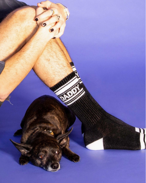 Daddy black and white crew gym socks by Gumball Poodle sold by Le Monkey House