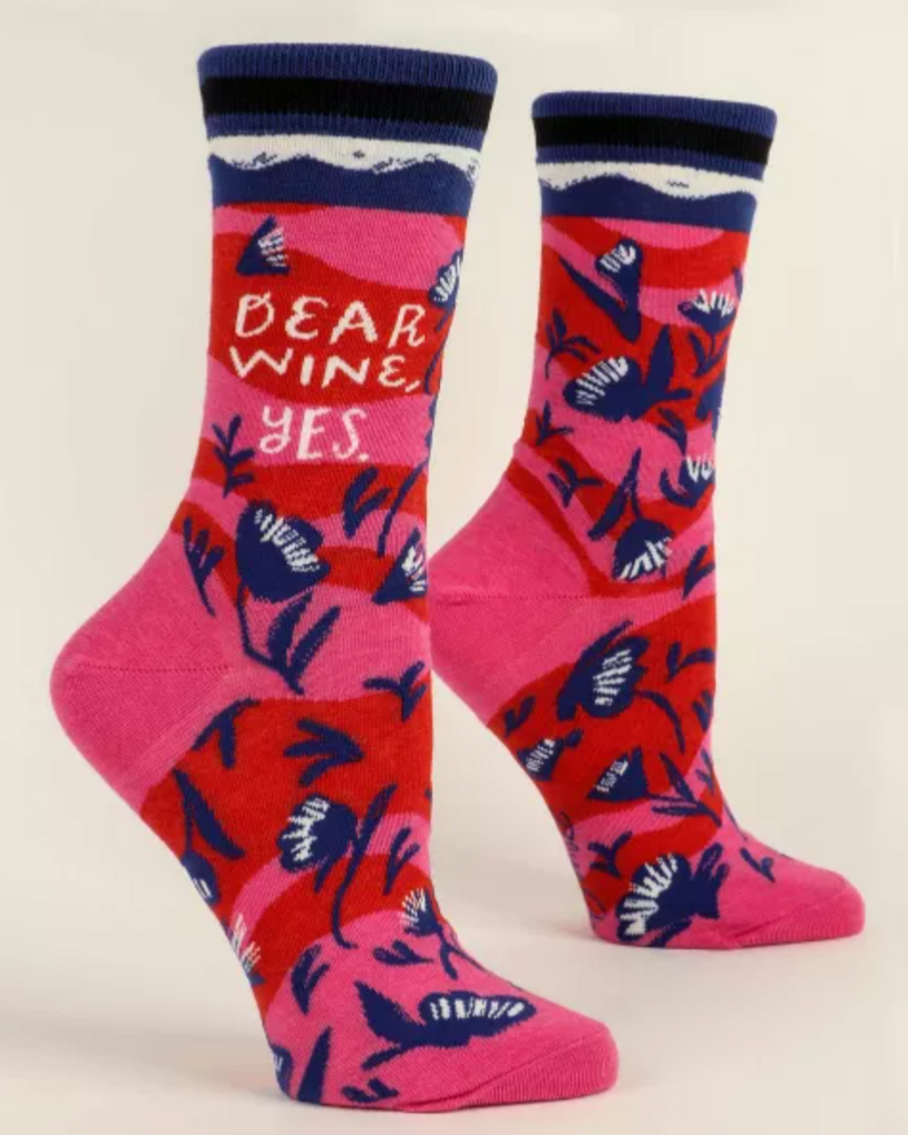 Dear wine, yes. Women's socks by Blue Q sold by Le Monkey House Culpeper, Virginia