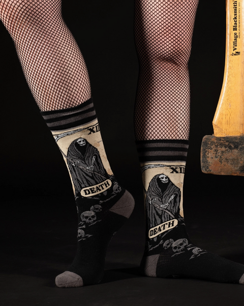 Death tarot card socks by Footclothes, Colorado Sold by Le Monkey House