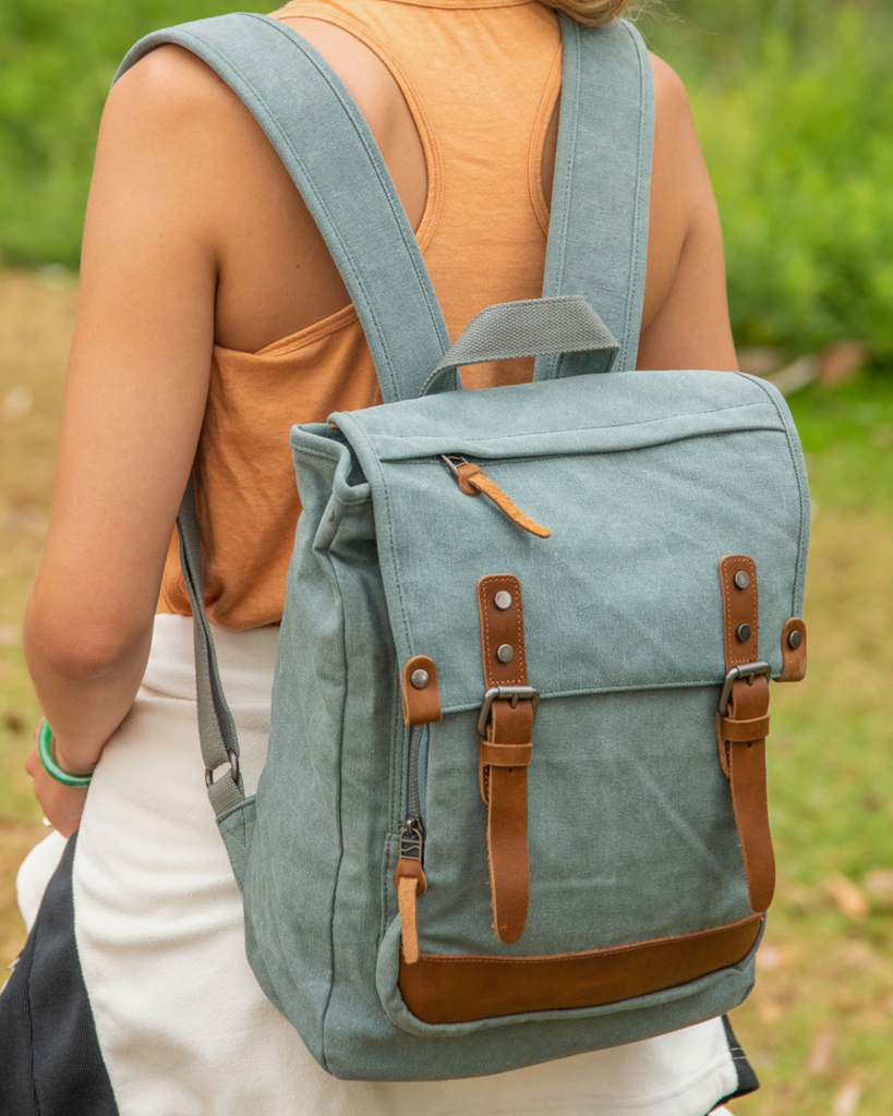 Discovery backpack, leather and canvas, by TSD Brand sold by Le Monkey House - on model