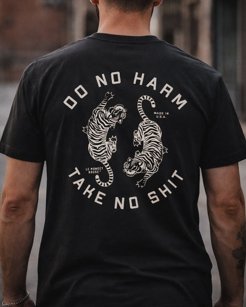 Do no harm take no shit t shirt with vintage tiger logo tattoo design printed and sold by Le Monkey House