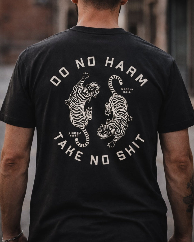Do no harm take no shit t shirt with vintage tiger logo tattoo design printed and sold by Le Monkey House