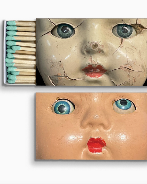 Doll head matches matchbox by The Mincing Mockingbird sold by Le Monkey House