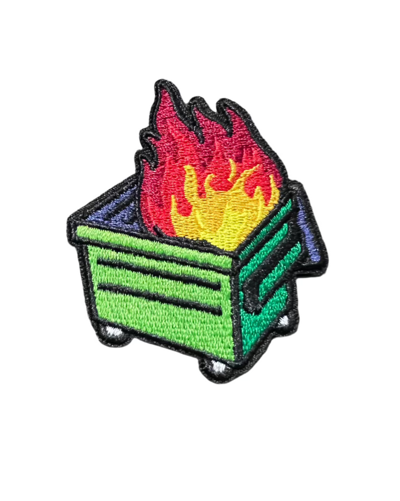 Dumpster Fire embroidered iron on patch sold by Le Monkey House