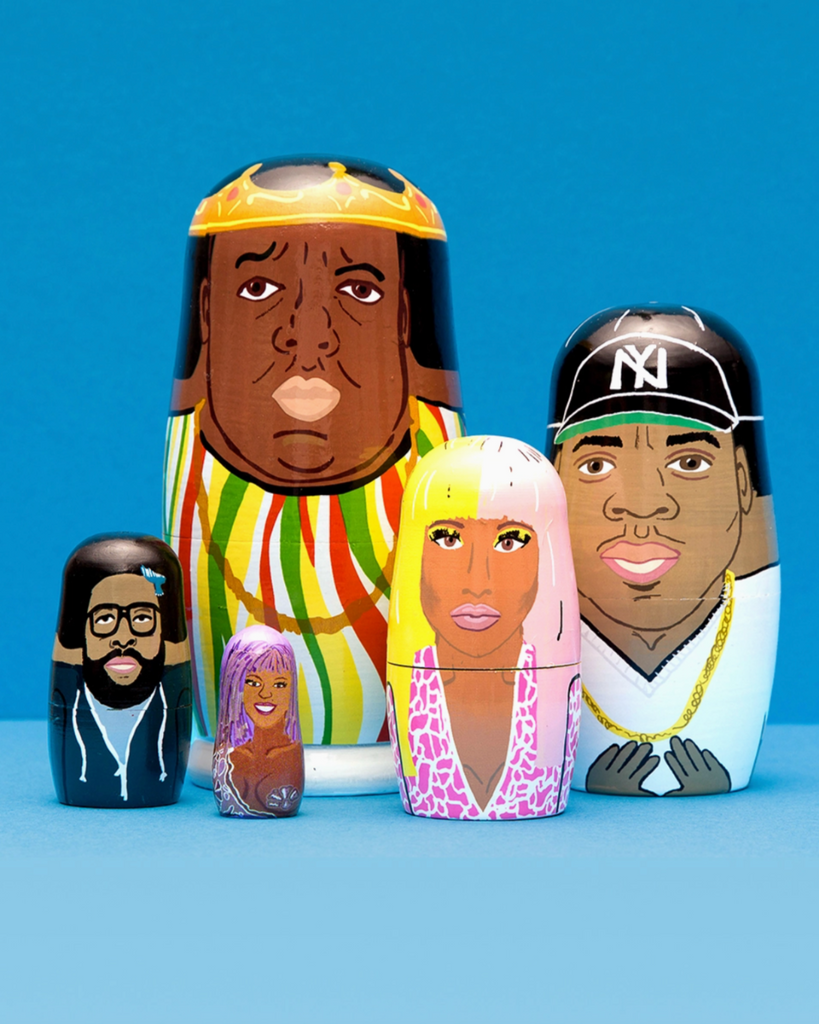 East Coast Rappers Wooden nesting dolls by Larney & Babs sold by Le Monkey House