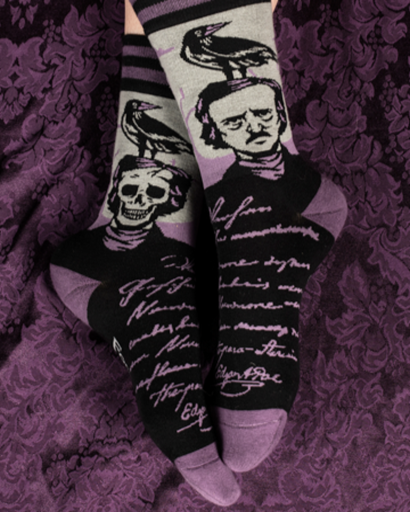 Edgar allan poe socks, the raven socks by Footclothes, Colorado Sold by Le Monkey House