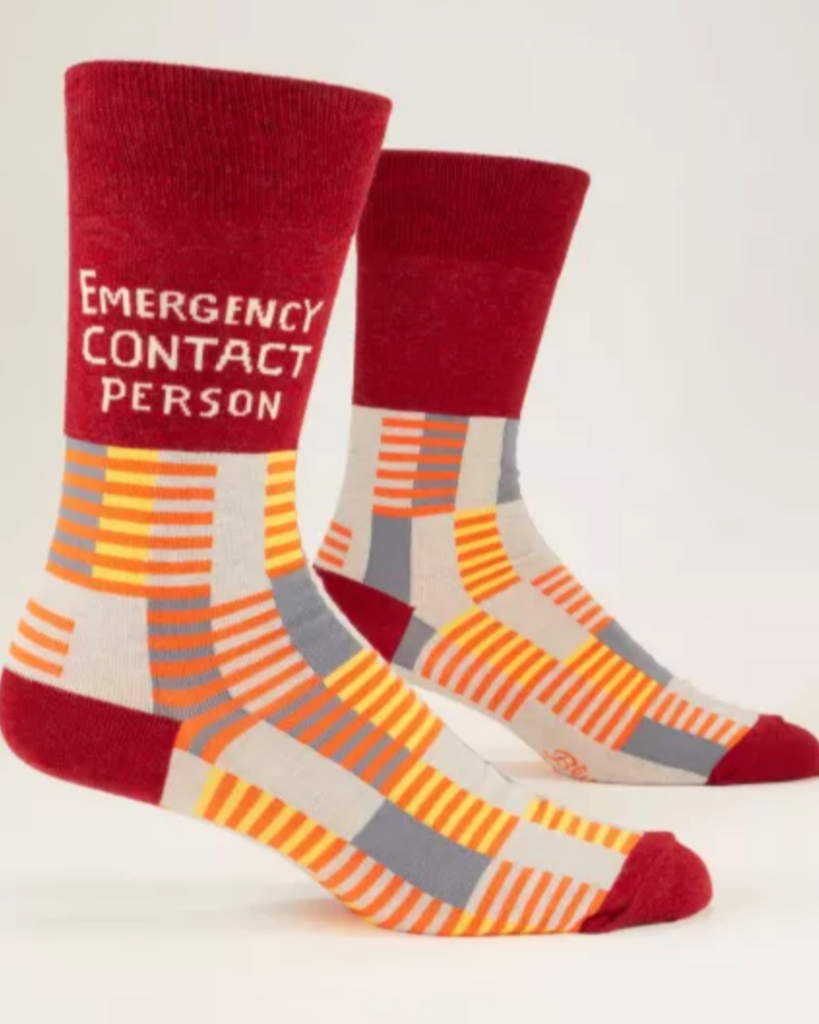 Emergency contact person men's crew socks by Blue Q Sold by Le Monkey House