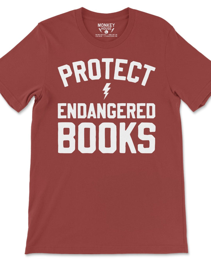 Protect endangered books t shirt designed printed and sold by Le Monkey House in Culpeper, Virginia