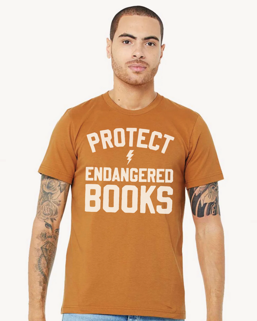 Protect endangered books t shirt designed printed and sold by Le Monkey House in Culpeper, Virginia