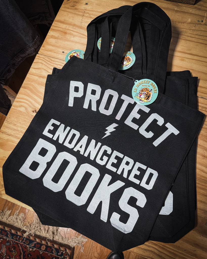 Protect endangered books canvas screenprinted tote bag designed printed and sold by Le Monkey House in Culpeper, Virginia