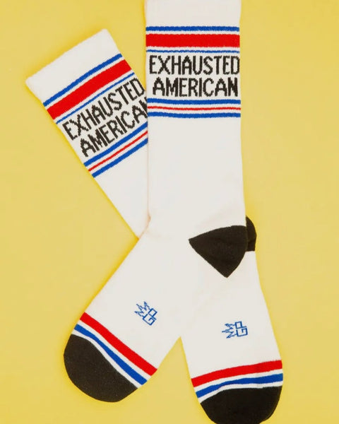 Exhausted American gym socks Retro style gym socks - tube socks by Gumball Poodle. Cotton-Nylon-Spandex Blend. Made in the USA.