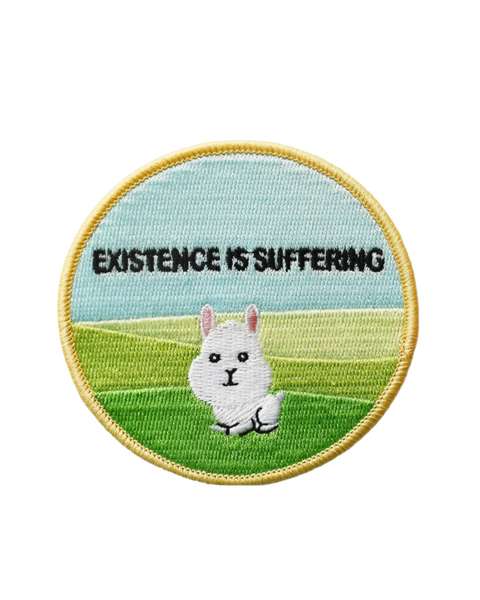 Existence is suffering white bunny rabbit embroidered twill iron on patch by Retrograde supply sold by Le Monkey House