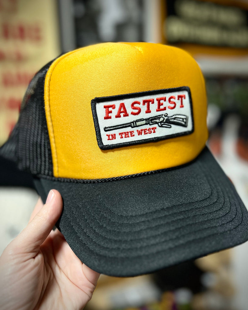 Fastest in the west trucker hat with patch yellow and black foam with mesh back by Le Monkey House - patch by Union Made