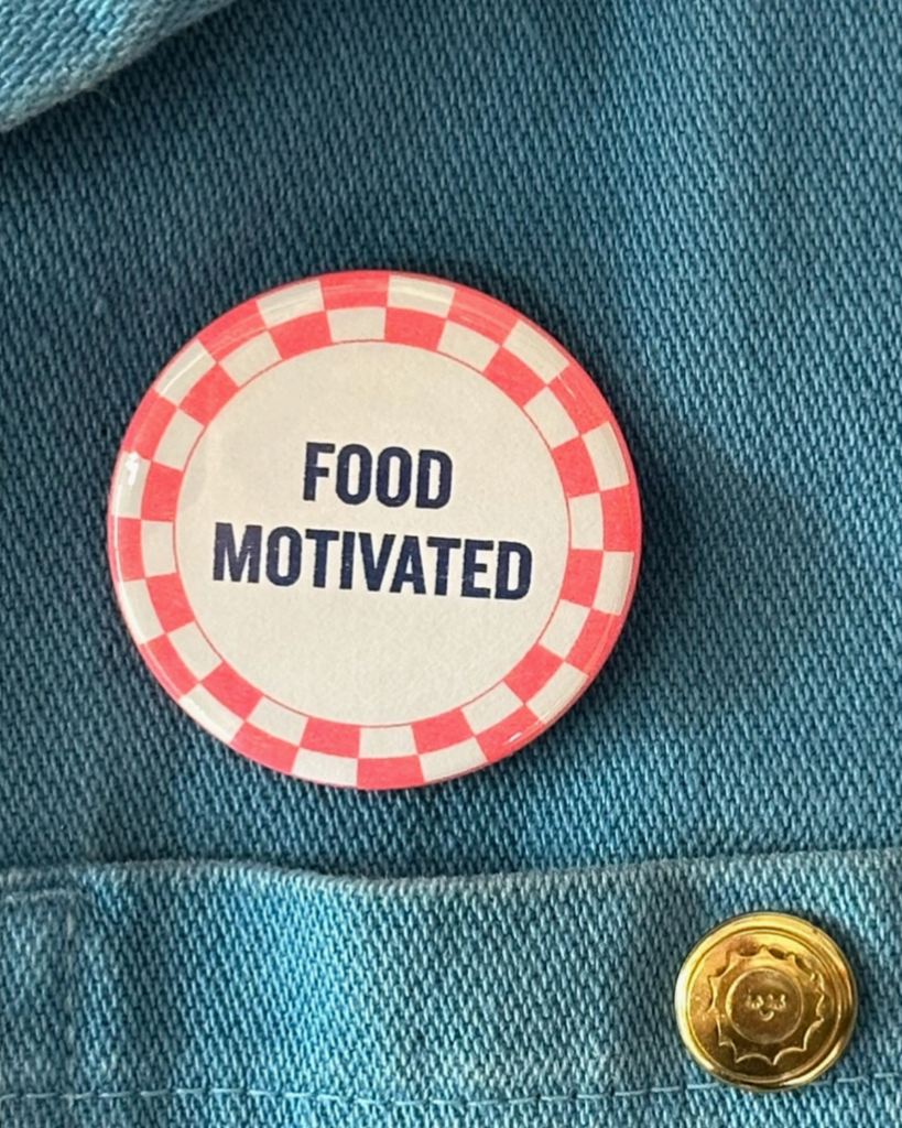 Food Motivated Riso Print Button by World Famous Original sold by Le Monkey House