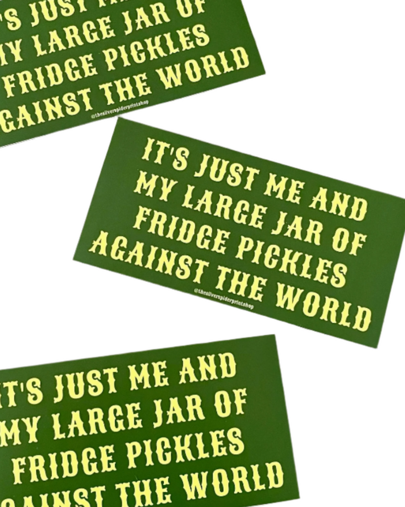 Large jar of fridge pickles against the world Bumper Sticker by The Silver Spider Sold by Le Monkey House