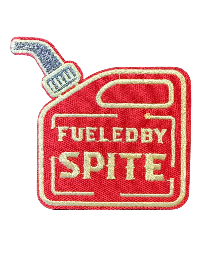 Fueled by spite, gas can, funny embroidered iron on patch sold by Le Monkey House
