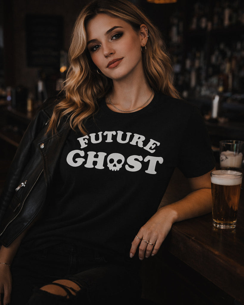Future Ghost tee shirt on female model designed printed and sold by Le Monkey House in Culpeper Virginia