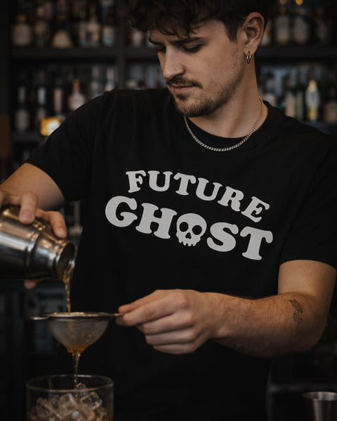 Future ghost tee shirt black and white design designed printed and sold by Le Monkey House in Culpeper, Virginia